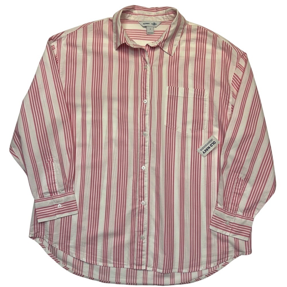 Old Navy Boyfriend Shirt Pink & White Striped 100% Cotton NWT Size S